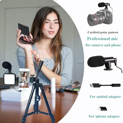 Vlogging Kit for iPhone, Vlogging kit for Android Phone,YouTube Starter Kit with Two Tripods Light Microphone Remote and Jack Adapter - size: With Shotgun Mic