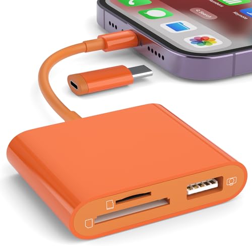 SD Card Reader for iPhone, Memory Card Reader with USB-C to Light-ning Adapter Plug and Play Trail Game Camera Micro SD Card Viewer Support SD/TF Card and USB for iPad No App Required (Orange) - color: Orange