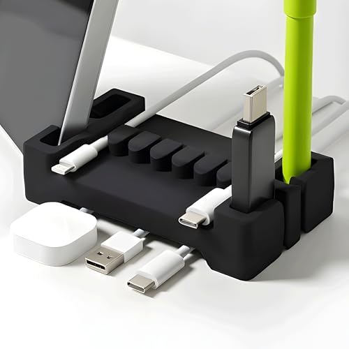 DeskBrick Silicone + Steel-Weighted Cord Holder for Desk. Weighted Cord Organizer & Cable Management for Desktop. Useful Phone Accessory & Cable Holder for Office, Home. No Adhesive. Black - color: (A) Black, size: 1 Pack