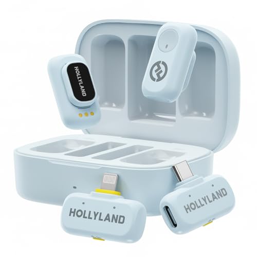 Hollyland Lark A1 Wireless Mini Microphone for iPhone & Android, 48kHz/24-bit, 3-Level Intelligent Noise Cancel, Microphone for YouTube, Podcast, Vlogging (Blue, 2TX + 2RX + Charging Case) - color: Blue, size: Combo (USB-C RX + Lightning RX + Charging Cas
