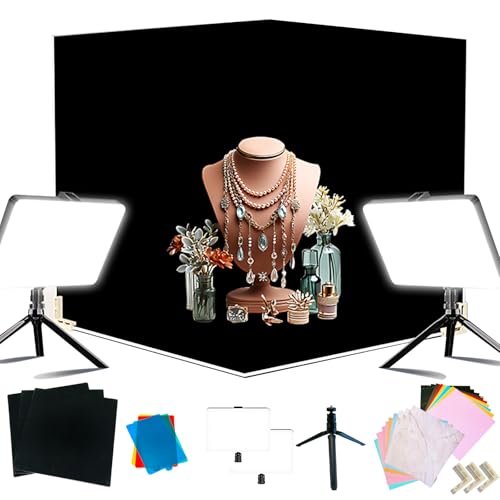 14PCS Absobent Black Flocked Photography Backdrop Boards with LED Lighting Studio Kit 16x16 inch Anti-Glare Photo Background Backdrop Shooting Tent for Product Food Jewelry Cosmetics Makeup