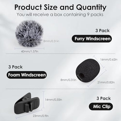 Mini Wireless Furry Windscreen & Foam Cover Set for Lavalier Microphone, Wind Muff Foam Mic Cover with Clip to Reduce Plosive and Better Highlight the Vocals, Washable and Windproof Wind Screen(9 Pcs)