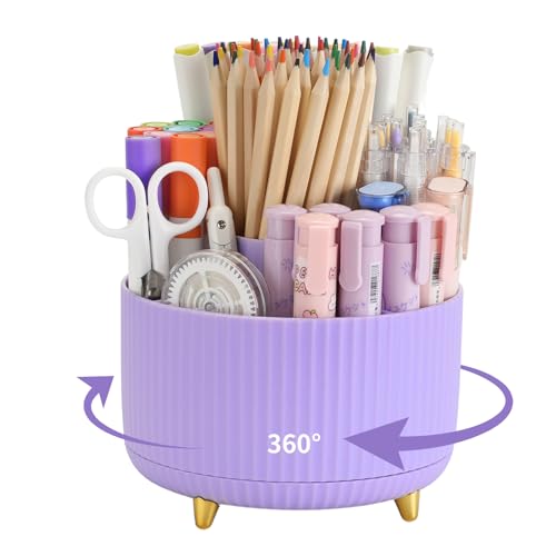Camelmother 360°Rotating Pen&Pencil Holder For Desk With 5Slots Cute Office | Spacious Beautiful & Durable For Teachers Students Workers Easy Storage for Pens Stationery - color: purple