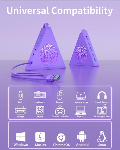 7-Port USB 3.0 Hub, Deep Purple Vertical USB Expander with Tree RGB Lighting, 5Gbps Data Transfer, 2FT Cable, Compatible with Laptop, Desktop, PS5, Xbox, Printer, Flash Drive, HDD - color: 3-Tree Deep Purple