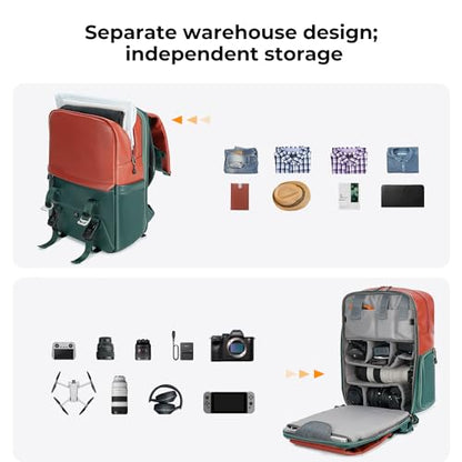 K&F CONCEPT 20L Camera Case for Photographers Large Capacity PU Leather Camera Bags with Raincover, 15.6 Inch Laptop Compartment for Camera Drone Bags - color: 06-orange Green