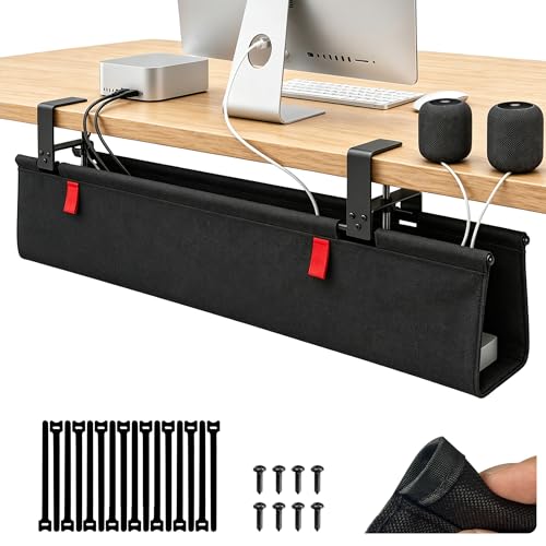 Under Desk Cable Management No Drill – 48" L x 6" W Cord Organizer, Upgraded Silicone Pads (No Scratch), 16 Cable Slots, Washable PE Honeycomb Base, Fits Desks 0–2.1" Thick, Black - color: Black, size: Upgraded with Enhanced Features-48"L x 6.0"W