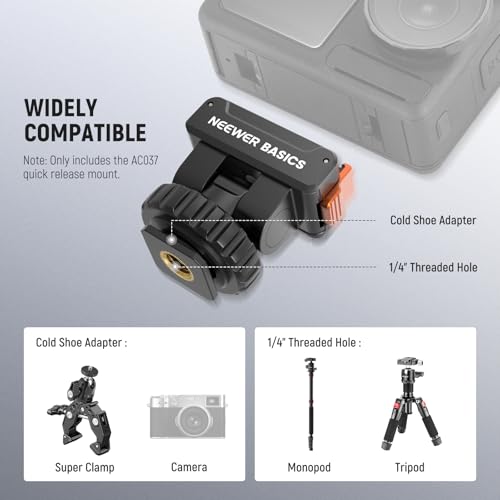 NEEWER Basics Magnetic Cold Shoe Mount Adapter Compatible with DJI OSMO Action 3 4 5 Pro Nano 360 Action Cams, Quick Release with 1/4" Screw Hole for Camera Hot Shoe Mini Tripod Selfie Stick, AC037 - style: AC037