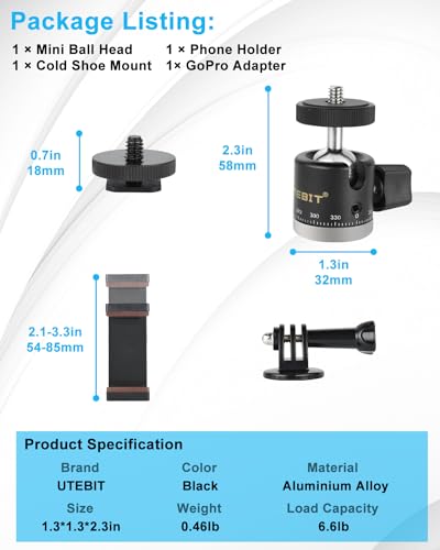 UTEBIT Panoramic Tripod Head with 1/4" Camera Hot Shoe Mount, Black | Mini Ball Head DSLR Camera Mount Adapter Photograph Attachment Accessories for Action Cameras Cam Smartphone Light Microphone - style: 20mm Scale BallHead