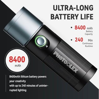 PHOTOOLEX RGB Photography Flashlight, 10W Fill Light, Studio Spotlight | 8400mAh/4 Colors/CRI96+/20 Aluminum Gobos/Portable/Silicone Diffuser, for Creating an Photo Atmosphere, Content Creation