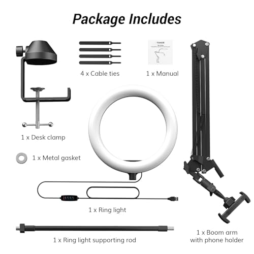 TONOR Overhead Ring Light Kit, 10" Ringlight with Heayy Duty Boom Arm and Phone Holder, Adjustable Angle, Suitable for Video Recording, Live Stream, Drawing, Makeup Nail