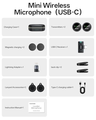 Wireless Lavalier Microphone for iPhone 17/16/15/14, iPad & Android, Magnetic Clip-on Mini Mic with Charging Case,30H Playtime Plug-Play Lapel Lavalier Mic for Vlog TikTok, AI Noise Reduction - color: 2 TX+USB-C Rx+Lightning Adapter+Charing Case