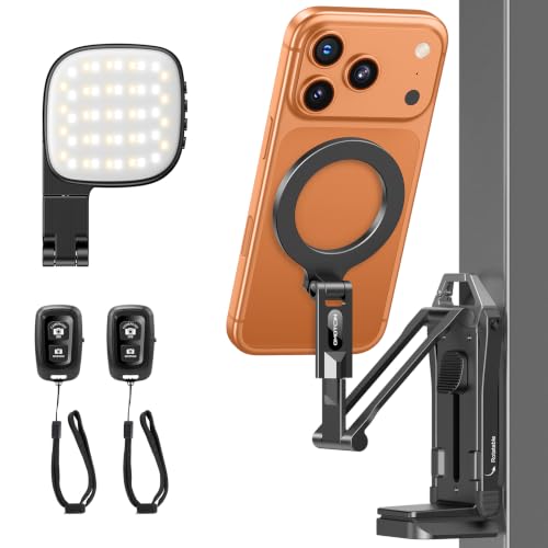 OMOTON TP02-Pro-CK Magnetic Phone Holder Kit with Fill Light & 2 Remotes | Arca-type Base with a 1/4" Screw Hole, 3 Color Temperatures ,10-level adjustable brightness, USB-C Charging, for iPhone 12-17 - color: 8-1-Black CK