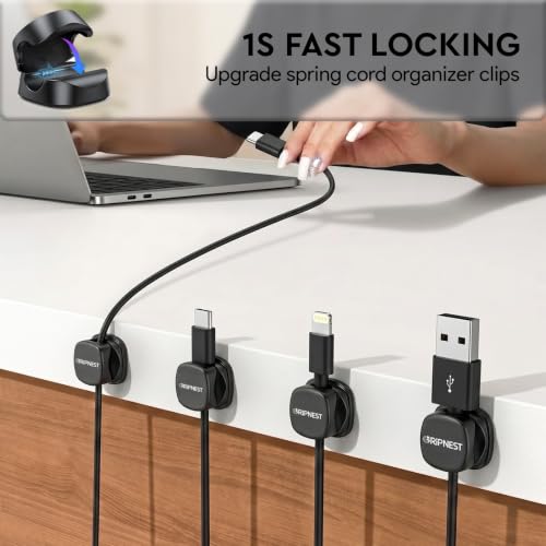 Never-Lose 1s Lock Spring Cable Solution – Rotatable Cable Clips, Strong Adhesive Cord Organizer & Wire Holder for Desk, Car & Nightstand, Secure Cable Management, 8 Pack (Black) - size: Pack of 8