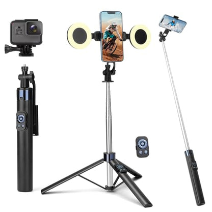 70” Phone Tripod & Selfie Stick with Light, Metal Tripod Holder with Wireless Remote,Portable Travel Selfie Stick Tripod for iPhone/Android and Gopro - color: Black-SL