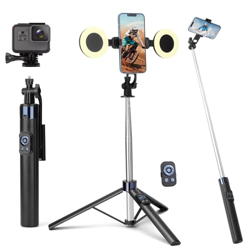 70” Phone Tripod & Selfie Stick with Light, Metal Tripod Holder with Wireless Remote,Portable Travel Selfie Stick Tripod for iPhone/Android and Gopro - color: Black-SL