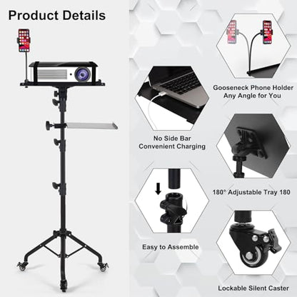 Tossbiss Laptop Tripod on Wheels with 2 Shelves, Portable Projector Floor Stand Adjustable Height 25.9 to 51.8 Inch with Phone Holder