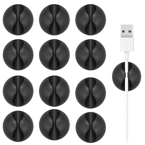 Cord Holder Cable Clips, 12PCS Black Self-Adhesive Wire Management Keeper Cord Organizer Charger Holder for Desktop USB Charging Cable Nightstand Power Cord Mouse Cable Wire PC Office Home (Black)