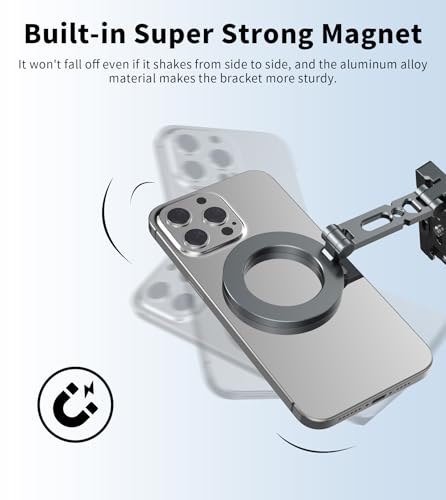 Magnetic Phone Tripod Mount Adapter for MagSafe, Aluminum Foldable Phone Holder with Arca-Swiss & 1/4" Screw Hole, Cold Shoe Mount for Camera, Pocket Mini Selfie Stick Tripod Mount for iPhone/Android