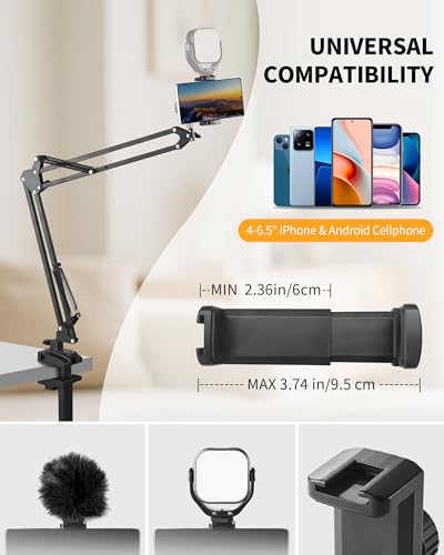 Phone Holder for Bed Desk, Flexible Camera Arm Desk Mount Clamp with Phone Holder and Ball Head, Overhead Tripod Mount for Camera Webcam Ring Light