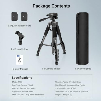 NEEWER Basics Camera Tripod, 74" Tripod with Cell Phone Holder Mount Compatible with iPhone for Video Recording, Professional Aluminum Lightweight Portable Travel Stand with 3 Way Pan Tilt Head, TP56 - style: TP56