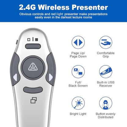 QUI Presentation Clicker Wireless Presenter Remote Clicker for PowerPoint Presentation Remote, PowerPoint Slide Advancer for Mac/Windows/Google Slide/Keynote, Silver, A - color: Silver