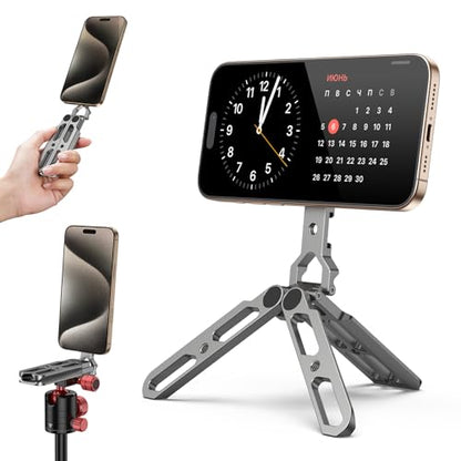 Magnetic Aluminum Phone Tripod Holder Mount Stand Handle with 1/4" Srcew & Cold Shoe & Arca-Swiss,Mini Pocket Foldable Cell Phone Stand,Compatible with MagSafe for iPhone, Fits Gym,Vlog,Travel,Desk