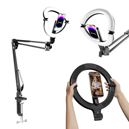 10" Magnetic Ring Light Overhead Camera Phone Mount, XINBAOHONG LED Selfie Light with Stand and Phone Holder, Rechargeable Desk Light for Video Recording