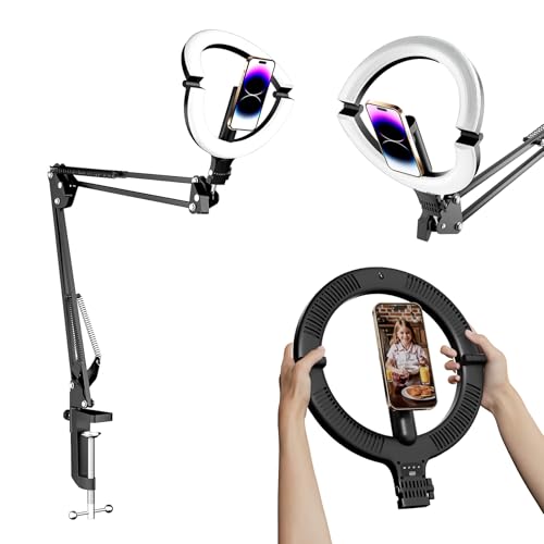 10" Magnetic Ring Light Overhead Camera Phone Mount, XINBAOHONG LED Selfie Light with Stand and Phone Holder, Rechargeable Desk Light for Video Recording