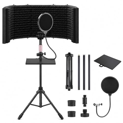 6-Panel Wraparound Microphone Isolation Shield with Adjustable Stand, Foldable Reflection Filter for Recording, Podcasting, Vocals & Streaming - size: Six panels (with brackets)