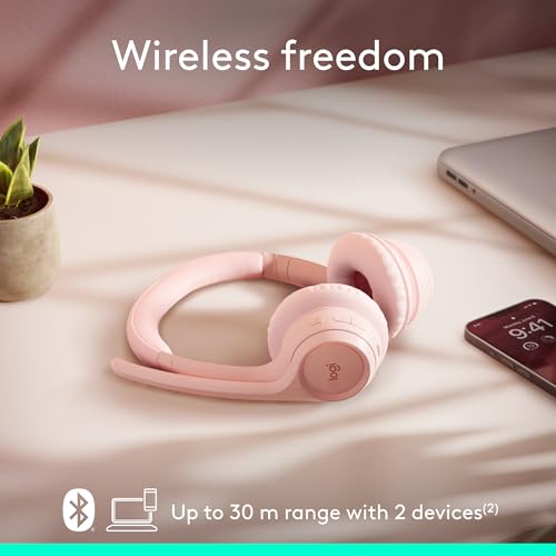 Logitech Zone 300 Wireless Bluetooth Headset with Noise-Canceling Microphone, Compatible with Windows, Mac, Chrome, Linux, iOS, iPadOS, Android – Rose - color: Rose