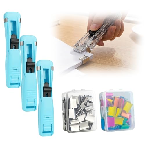 Portable Binder Clip Stapler, 2026 New Reusable Portable Paper Clam Clip Dispenser, 100 Metal Refill Clips (50 Silver + 50 Color) for Home, School, Desk Office (Light blue-3PCS) - color: Light Blue-3pcs
