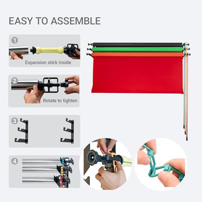 Photography Backdrop Roller Support System with 3 Rollers, 80-inch Stainless Steel Crossbars for Limited Space, Wall/Ceiling/Stand Mount, Yellow Red Green Chains - color: Red/Yellow/Green Plastic Chain+80inch Crossbars