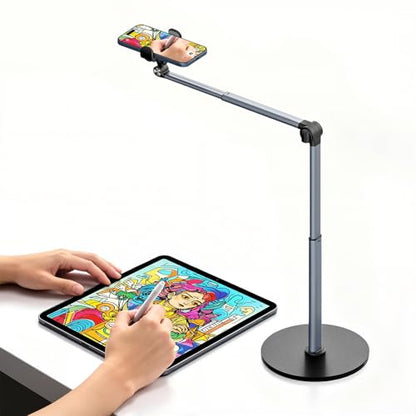 MoKo Overhead Tripod for iPhone, Heavy Duty Aluminum Overhead Phone Mount, Angle & Height Adjustable, Telescopic Arm, Overhead Phone Stand for Recording, Live Streaming, Cooking, Filming (Clip)