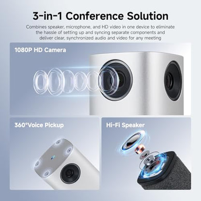 SVBONY A1 AI-Powered 360°Conference Camera,Speaker Tracking & Auto Framing, 1080P Video,AI Noise Cancellation, 16.5ft Microphone Pickup Meeting Room Camera,Compatible with Zoom,Teams & Google Meet