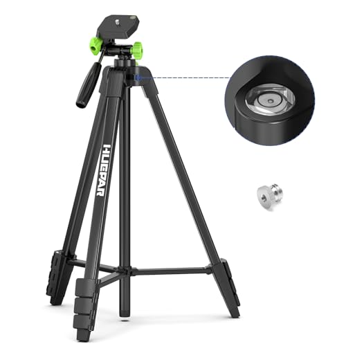 Huepar 60-Inch Lightweight Tripod Portable Adjustable Tripod for Laser Level with 3-Way Swivel Pan Head, 2 Bubble Levels, 1/4" and 5/8" Thread Mount for Varieties Tools, Only for Indoor Basic Work - size: 60-Inch