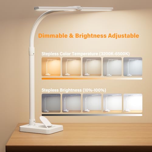 LED Desk Lamp with Base - Bright Dimmable Computer Lamp with Phone Holder, 24W Bendable Desk Light for Monitor Screen, Eye-Caring Tall Desktop Light for Task Home Office Work, White, Dual Head - style: Base Version - White