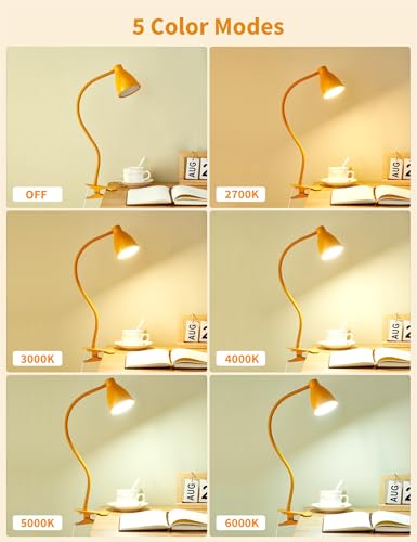 BOHON Clip on Light, Desk Lamp with Clamp, 5 Color 10 Brightness Yellow | Flexible Neck Clip Lamp, 10W 38 LED, Auto Off Timer, Desk Lights for Office Home Bed Bedside Reading, Bright Yellow - color: Bright Yellow