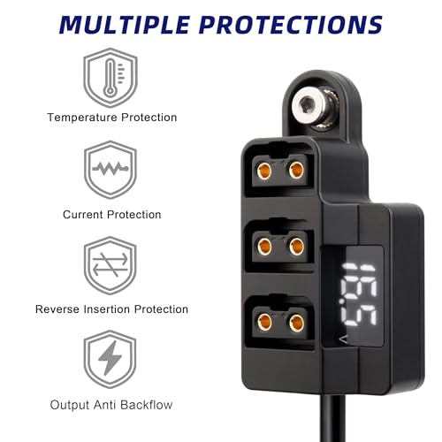 D-Tap 1×3 Power Splitter Adapter with Voltage Display & 1/4 Mounting Screws for V-Mount/Gold Mount Battery,Camera Cage,Video Transmission, Monitor, BMPCC 4K/6K, etc. (Coiled Cable Version)