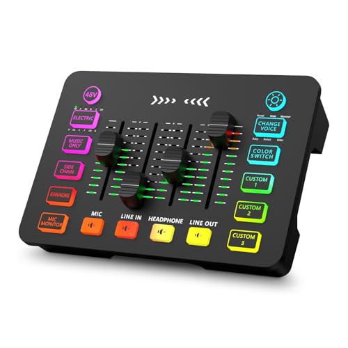 Gaming Audio Mixer with RGB, Streaming/PC Mixer with XLR Microphone Interface, 6 Voice Changing Modes Individual Control, Mute Button,48V Phantom Power