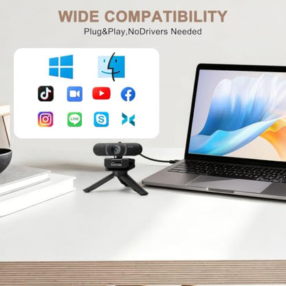 1080P Full HD Webcam, AF Auto Light Correction, Dual-Digit Microphone, Privacy Cover, Noise 360° Rotatable, Plug & Play USB Webcams