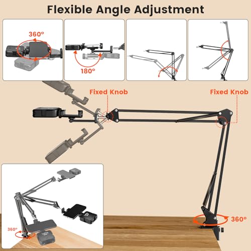 Overhead Phone Mount with LED Selfie Light and Bluetooth Remote, Rechargeable Ring Light Tripod Stand with Flexible Boom Arm, Desk Phone Holder for Video Recording, Live Streaming, TikTok, Vlogging