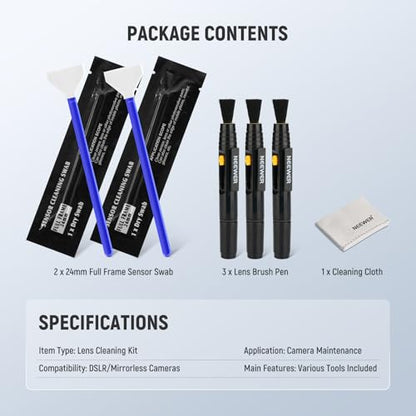 NEEWER 6 in 1 Camera Lens Cleaning Kit for Electronics, Phones, Tablets, 3X Double Head Lens Brush Pen + 2X 24mm Full Frame Sensor Swab + 1x Cleaning Cloth, HM-48