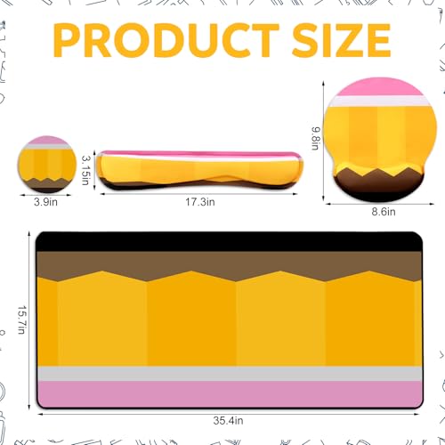 Kingdder Pencil Teacher Desk Mat Mouse Pad Set Include Large Desk Mat Pad with Wrist Rest Mouse Support, Keyboard Wrist Rest Coaster Back to School Classroom Teacher Appreciation Gift - style: Pencil