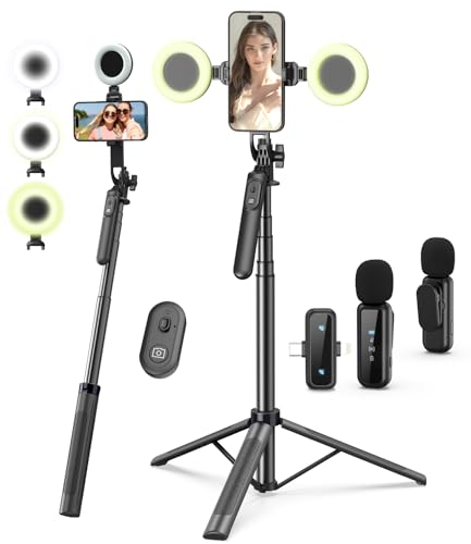 Vlogging Kit for iPhone/Android, 71" Selfie Stick Tripod for iPhone with Fill Light, Wireless Mic & Remote, Adjustable Aluminum Phone Tripod for TikTok/YouTube Content Creator Essentials Starter Kit‌ - size: Tripod with Large Ring Light & Mic