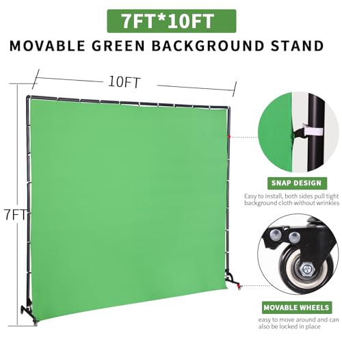 7ftx10ft Movable Green Background Stand with Pulley, for Studio Video Shooting, Keying, Special Effects Production, Stage Background, Portrait Shooting, Live Streaming, Party Setting