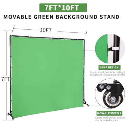7ftx10ft Movable Green Background Stand with Pulley, for Studio Video Shooting, Keying, Special Effects Production, Stage Background, Portrait Shooting, Live Streaming, Party Setting