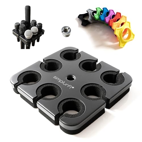 Multi Microphone Holder For Mic Stand - Square Tray Attachment holds up to 8 mics On Stage Organizer and Display - 8 Anti-roll Rings Included - size: without desktop stand