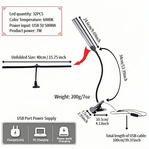 BUBBLE-FLY LED Clip on Reading Light, USB Desk Lamp with 32 LED Eye Protection, 360° Flexible Arm, Dimmable Clamp Light for Bed Headboard Home Office Study 7W Black