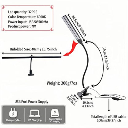 BUBBLE-FLY LED Clip on Reading Light, USB Desk Lamp with 32 LED Eye Protection, 360° Flexible Arm, Dimmable Clamp Light for Bed Headboard Home Office Study 7W Black