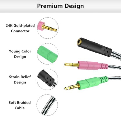 MillSO Headphone Splitter for Computer CTIA 3.5mm TRRS Female to Dual TRS Male Mic Audio Jack Y Adapter Headset Splitter Cable for PC Laptop to Gaming Headset - 8inch/20cm - size: 1 Pack / 0.6 Feet